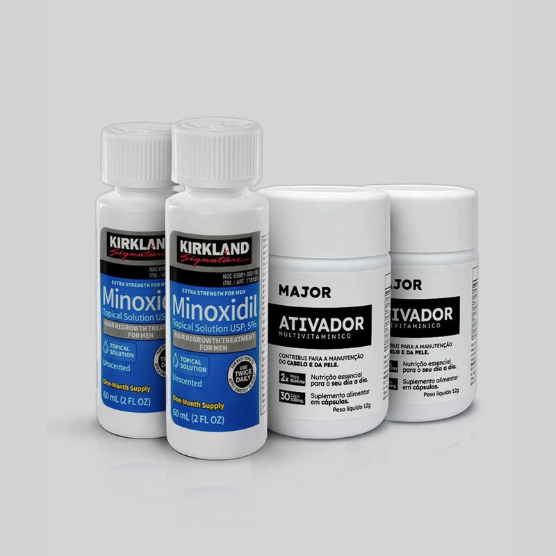 2 Frascos Minoxidil Kirkland 5% + 2 Ativadores de Crescimento MAJOR